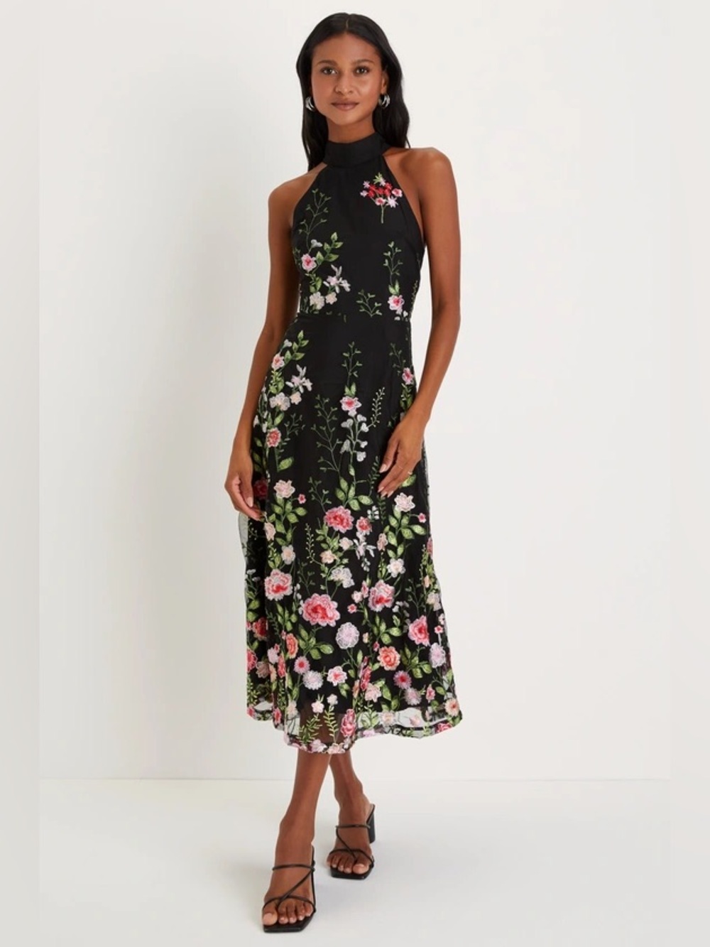 Lulus Blossoming Energy Black Floral Embroidered Halter Midi Dress Large